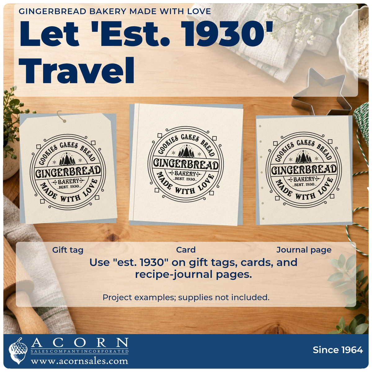 Three project examples made with the Gingerbread Bakery Made With Love Premium Wooden Stamp – Vintage Pro, including legacy menu sheet.
