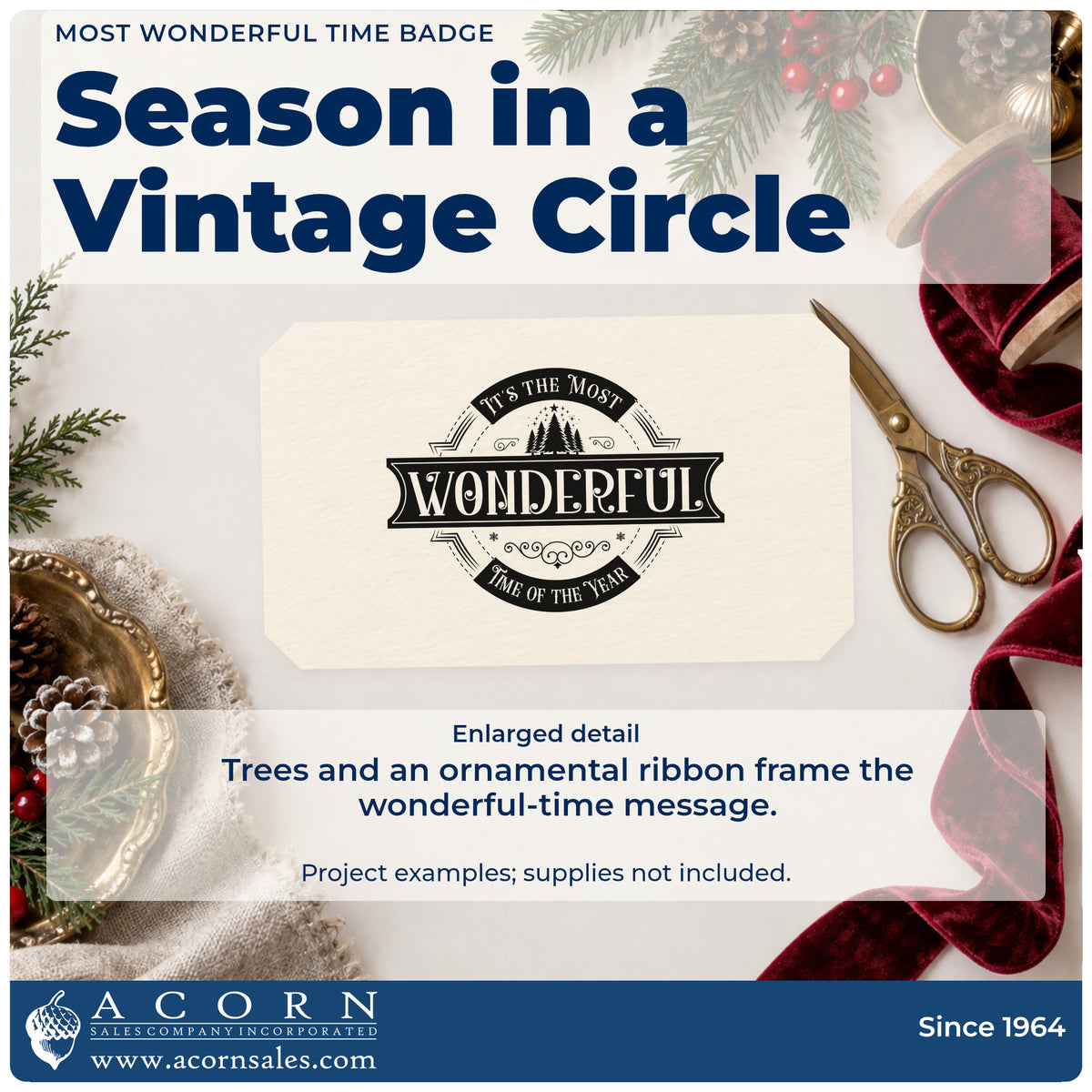 Enlarged detail of the Most Wonderful Time Emblem Pre-Inked Stamp – Slim imprint. A round vintage emblem reads "It's the most wonderful time of the year" with trees and an ornamental ribbon.
