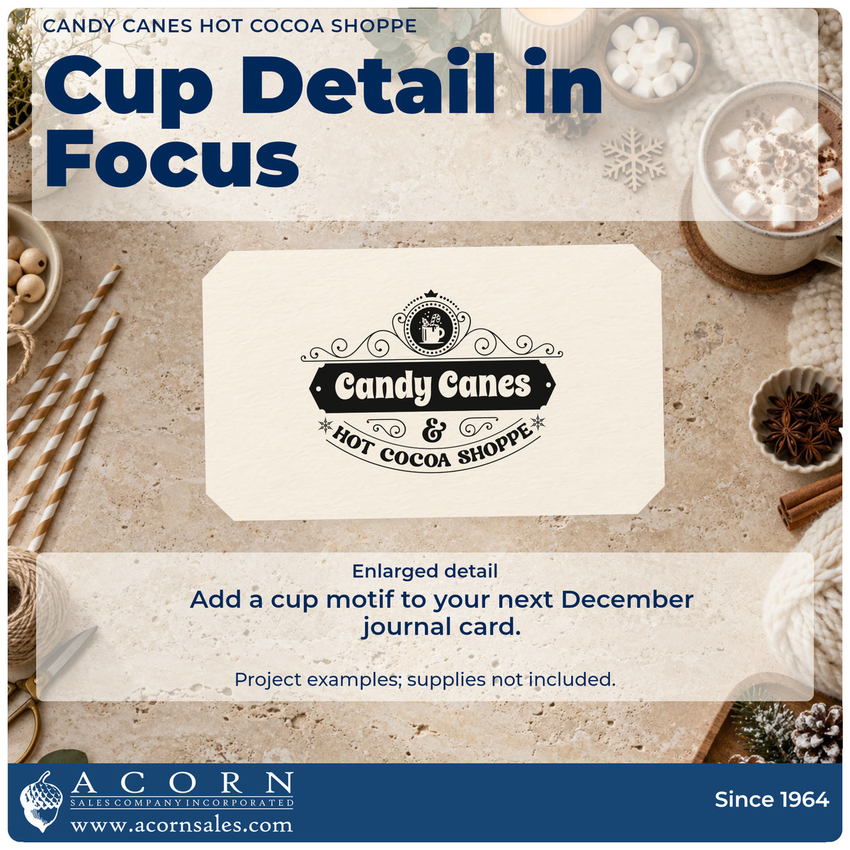 Enlarged detail of the Vintage Pro Candy Canes & Hot Cocoa Shoppe Premium Wooden Stamp imprint. An ornate emblem reads "Candy canes & hot cocoa shoppe" beneath a small steaming mug medallion.