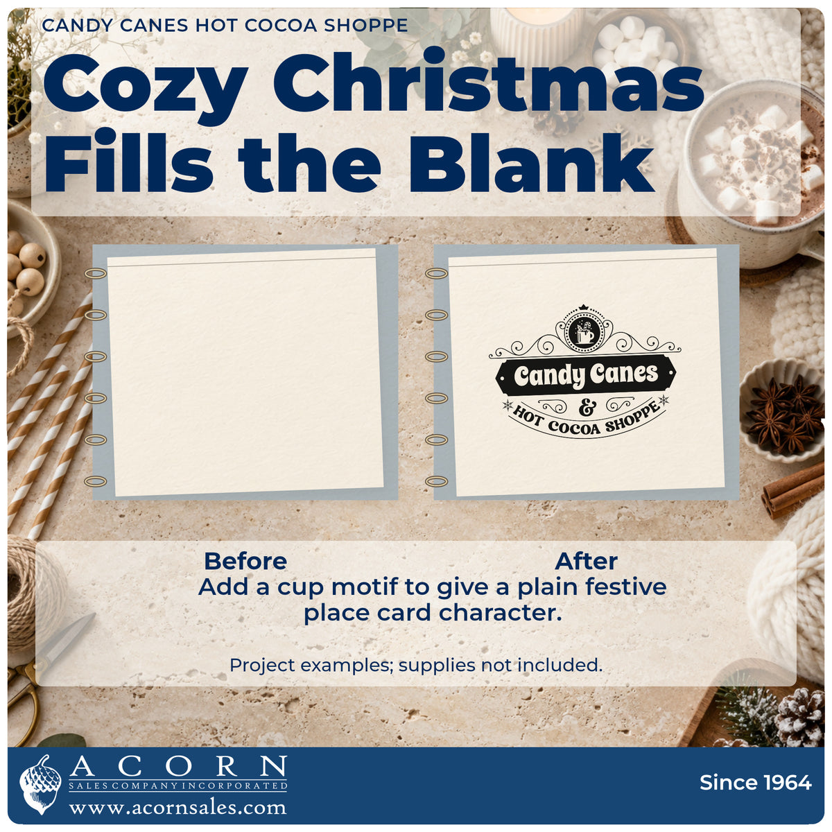 Before and after of a plain item finished with the Vintage Pro Candy Canes & Hot Cocoa Shoppe Premium Wooden Stamp, a quick upgrade for framed shop door.