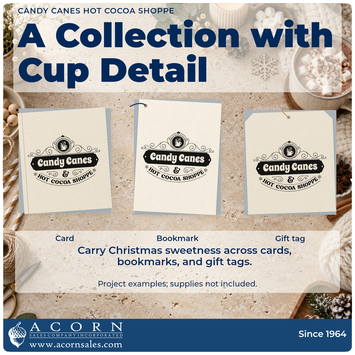 Three project examples made with the Self-Inking Candy Canes & Hot Cocoa Shoppe Stamp, including flavor menu sheet.