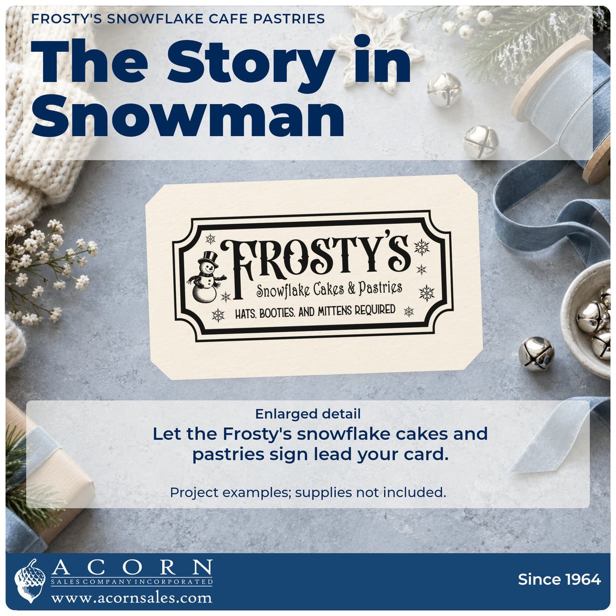 Enlarged detail of the Frosty's Snowflake Cafe Pastries Stamp – Self-Inking imprint. A decorative rectangular sign reads "Frosty's Snowflake Cafe & Pastries" with a snowman, snowflakes, and winter-clothing wording.