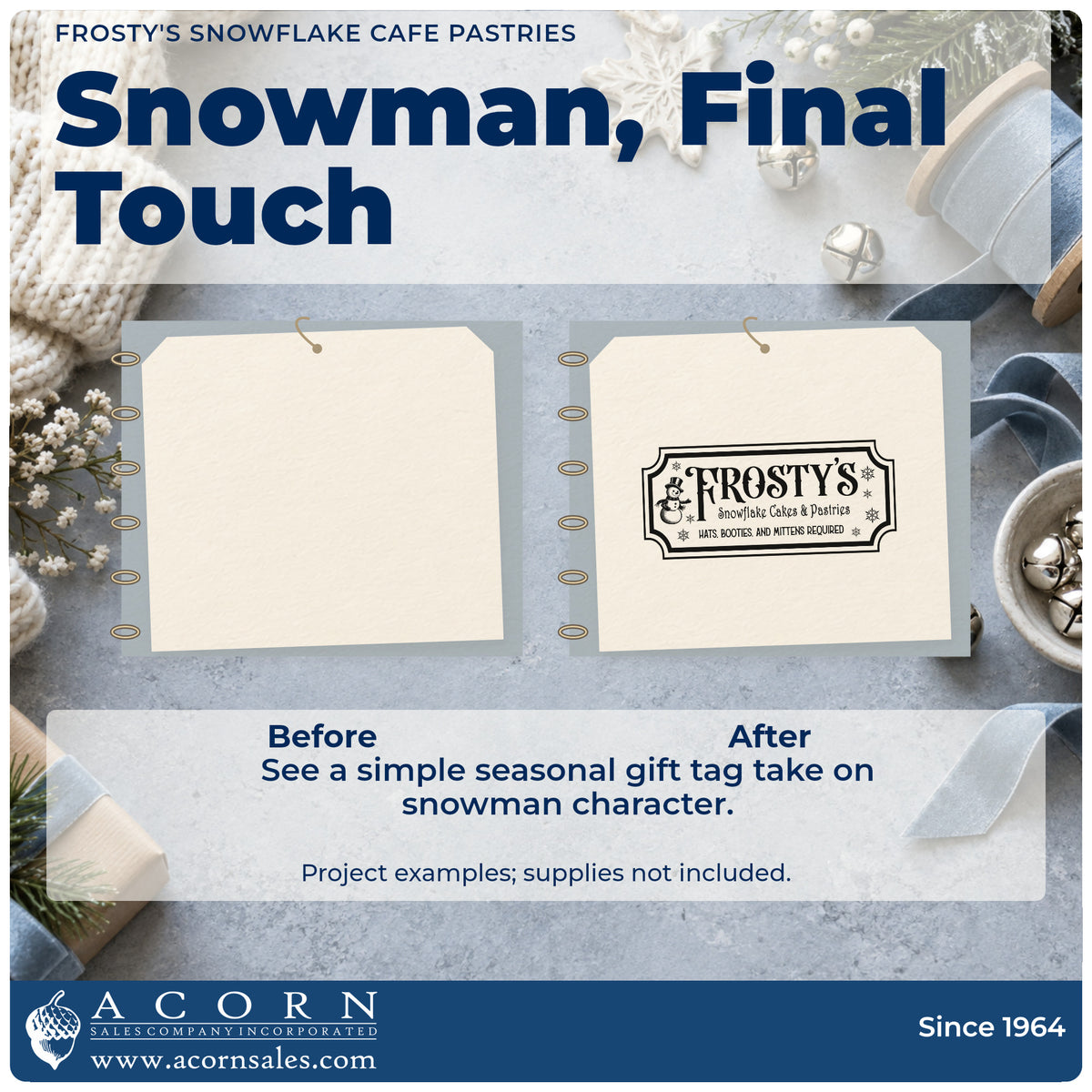 Before and after of a plain item finished with the Frosty's Snowflake Cafe Pastries Stamp – Self-Inking, a quick upgrade for framed order counter.