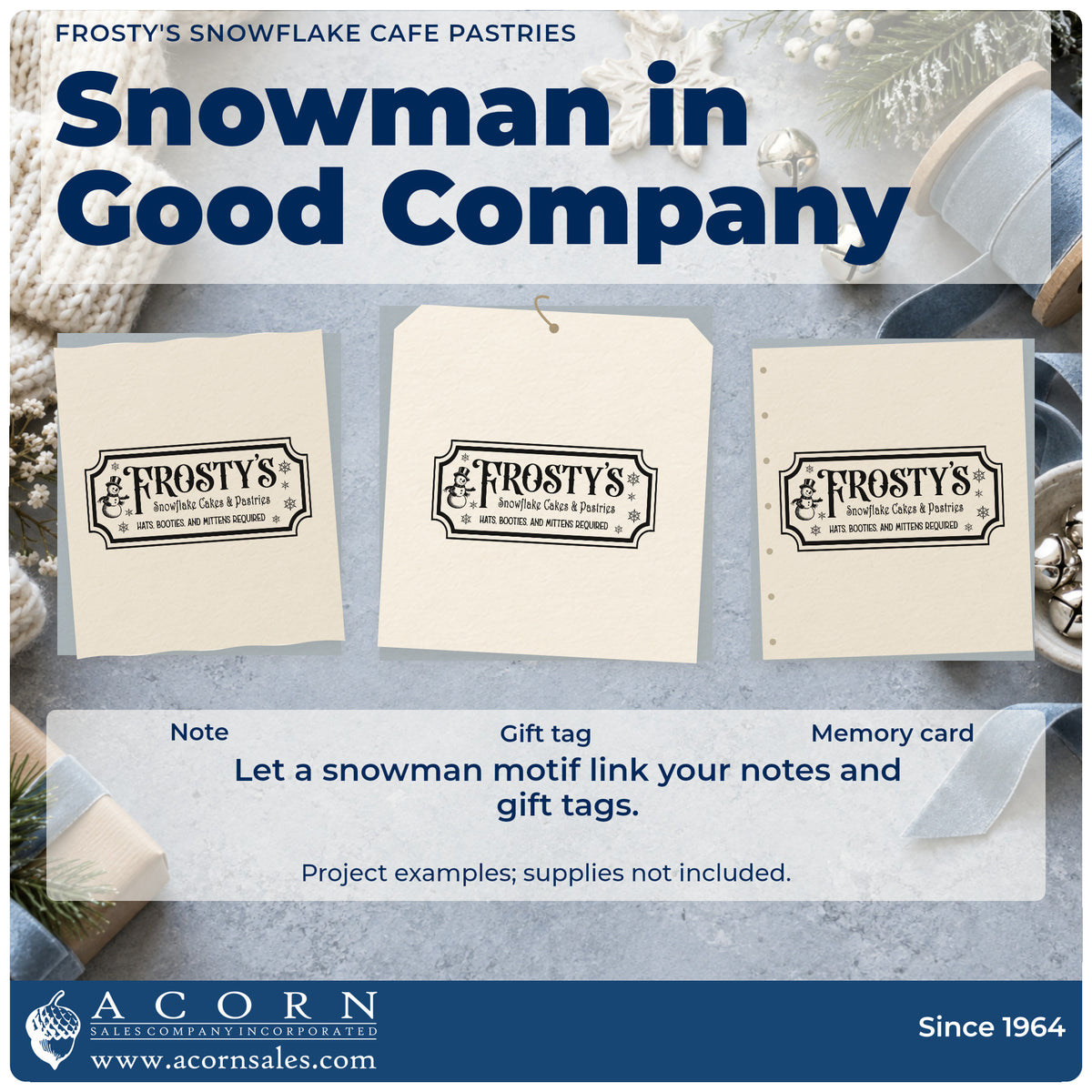 Three project examples made with the Frosty's Snowflake Cafe Pastries Pre-Inked Stamp – Slim, including morning bake sheet.