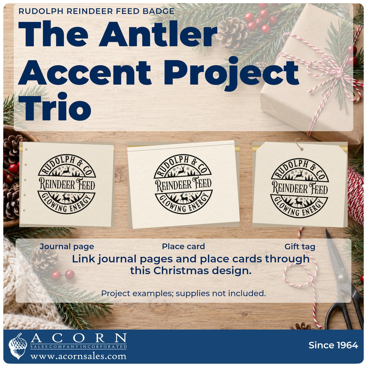 Three project examples made with the Rudolph & Co. Reindeer Feed Glowing Energy Stamp – PSI Pre-Inked, including ration plan sheet.