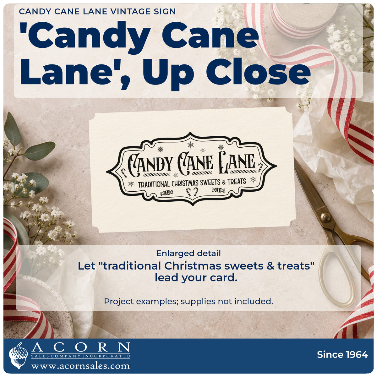 Enlarged detail of the Candy Cane Lane Vintage Sign Lettering PSI Pre-Inked Stamp imprint. An ornate horizontal sign reads "Candy Cane Lane" and "traditional Christmas sweets & treats."