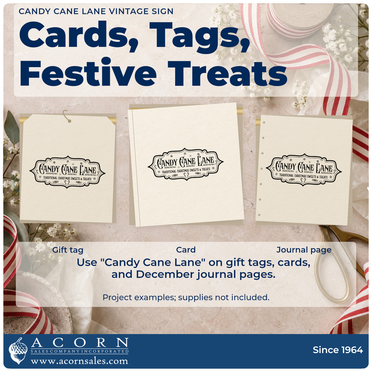 Three project examples made with the Candy Cane Lane Vintage Sign Lettering PSI Pre-Inked Stamp, including route map sheet.