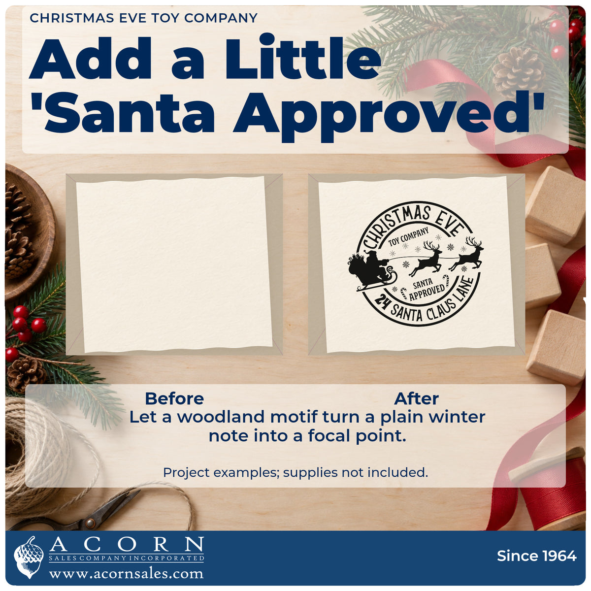Before and after of a plain item finished with the Christmas Eve Toy Company Premium Wood-Mounted Stamp – Vintage Pro, a quick upgrade for framed workshop door.