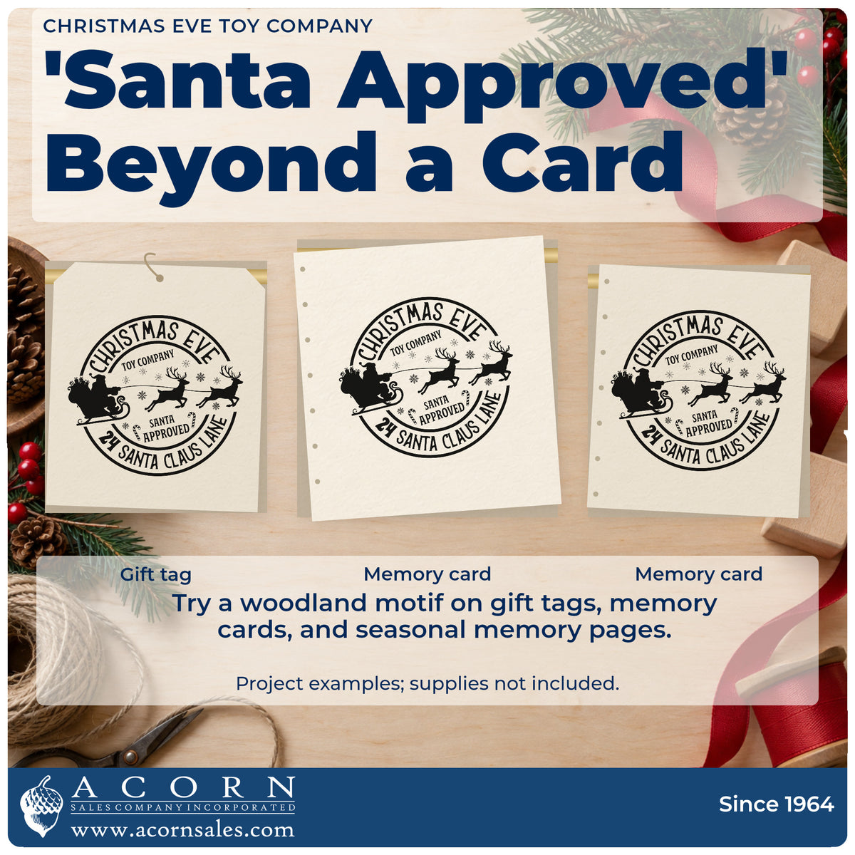 Three project examples made with the Christmas Eve Toy Company Wood Handle Stamp, including build order sheet.
