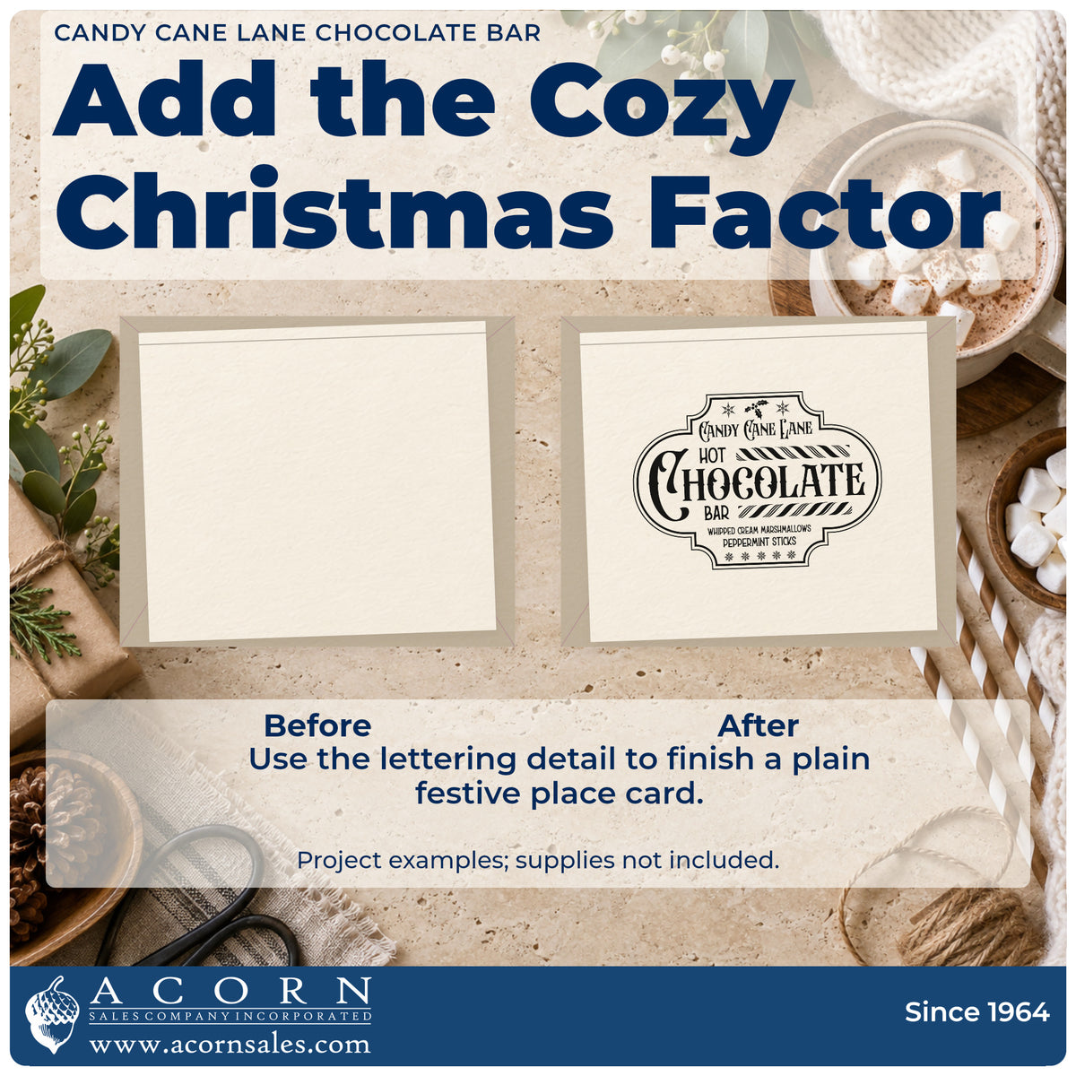 Before and after of a plain item finished with the Candy Cane Lane Chocolate Bar Pre-Inked Stamp – Slim, a quick upgrade for framed bar back.