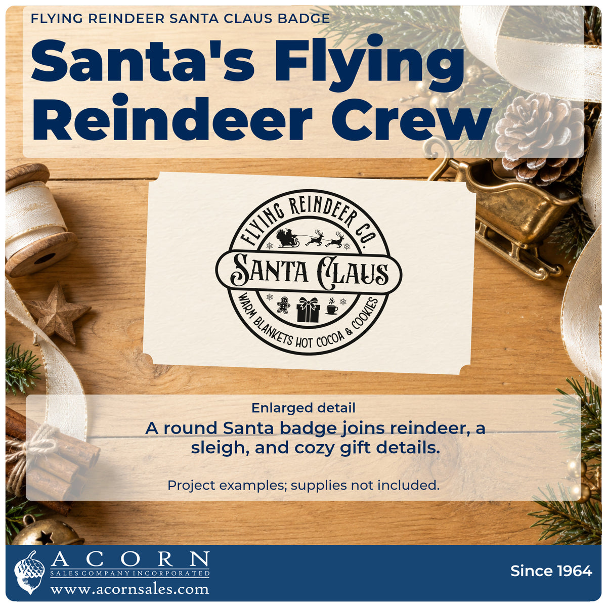 Enlarged detail of the Flying Reindeer Co. Santa Claus Premium Wooden Stamp – Vintage Pro imprint. A circular badge reads "Flying Reindeer Co. Santa Claus" with a sleigh, reindeer, gingerbread, gift, mug, and warm-blanket wording.