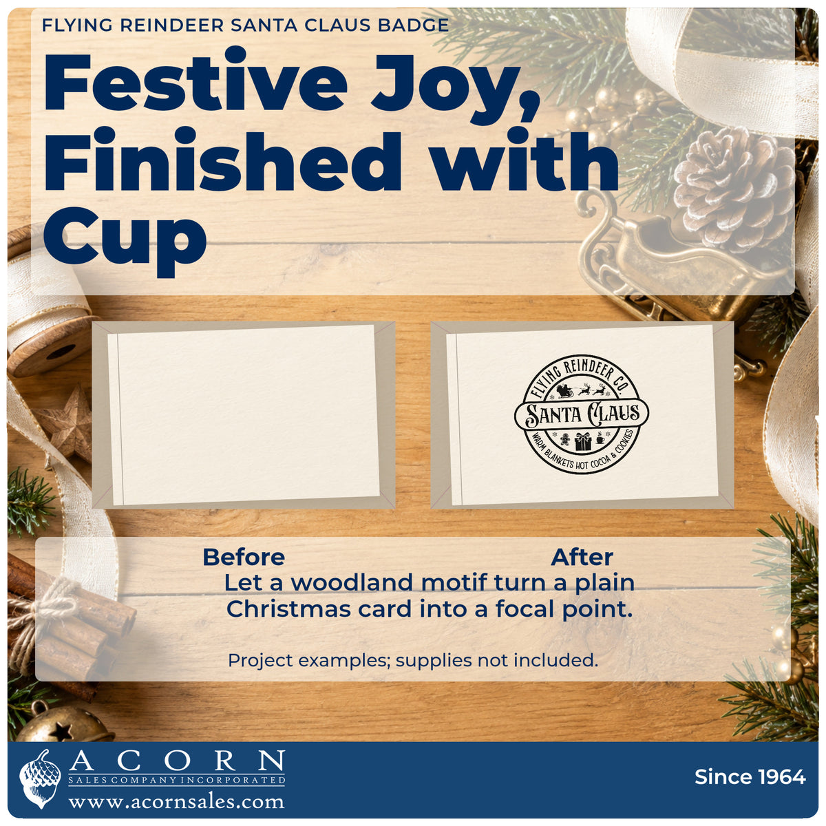 Before and after of a plain item finished with the Flying Reindeer Co. Santa Claus Compact Pre-Inked Stamp – Slim, a quick upgrade for framed lobby board.