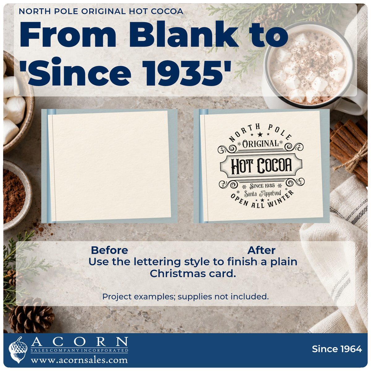 Before and after of a plain item finished with the North Pole Original Hot Cocoa Lettering Duo Hand Stamp, a quick upgrade for framed shop ledge.