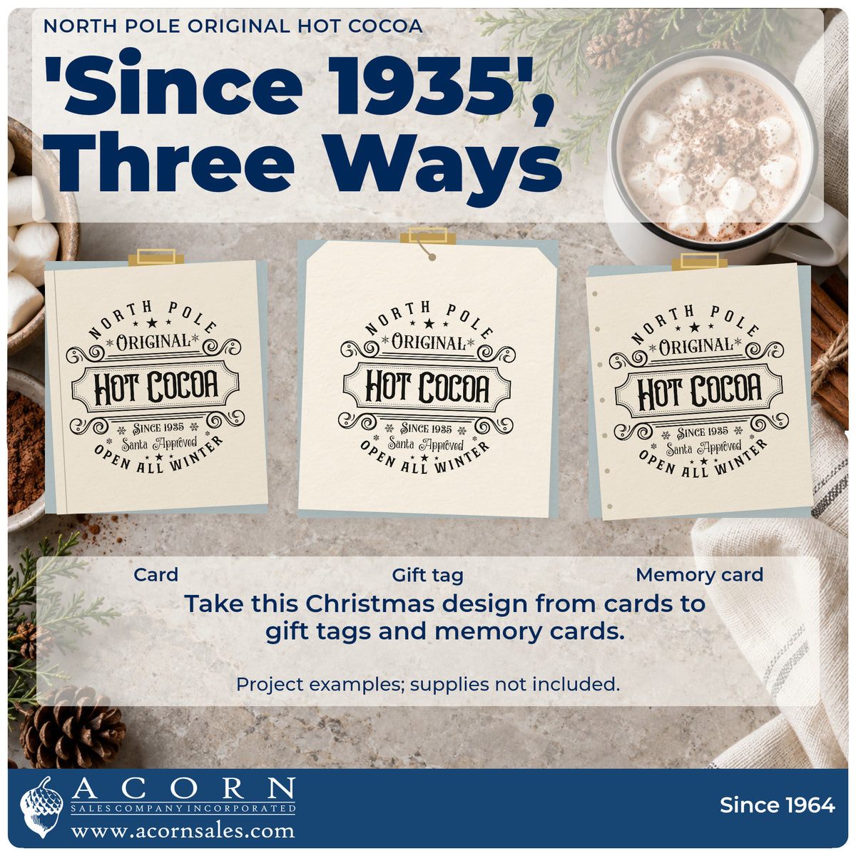 Three project examples made with the North Pole Original Hot Cocoa Lettering Stamp – Premium Vintage Pro Wooden, including blend record sheet.