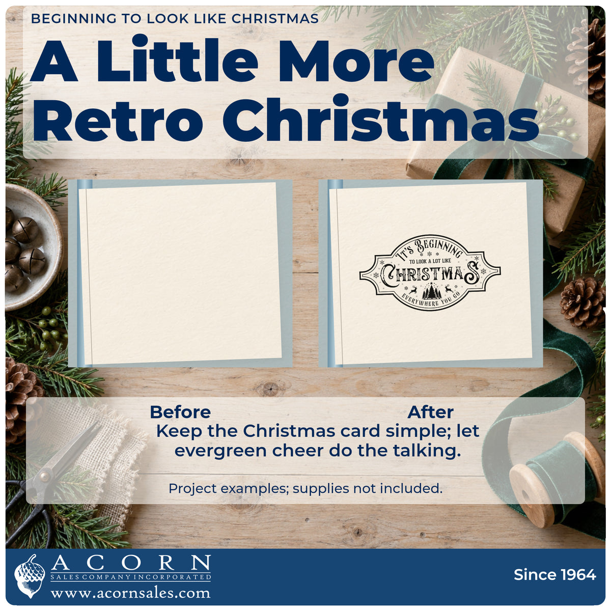 Before and after of a plain item finished with the Beginning To Look Like Christmas Hand Stamp – Duo, a quick upgrade for framed attic hatch.