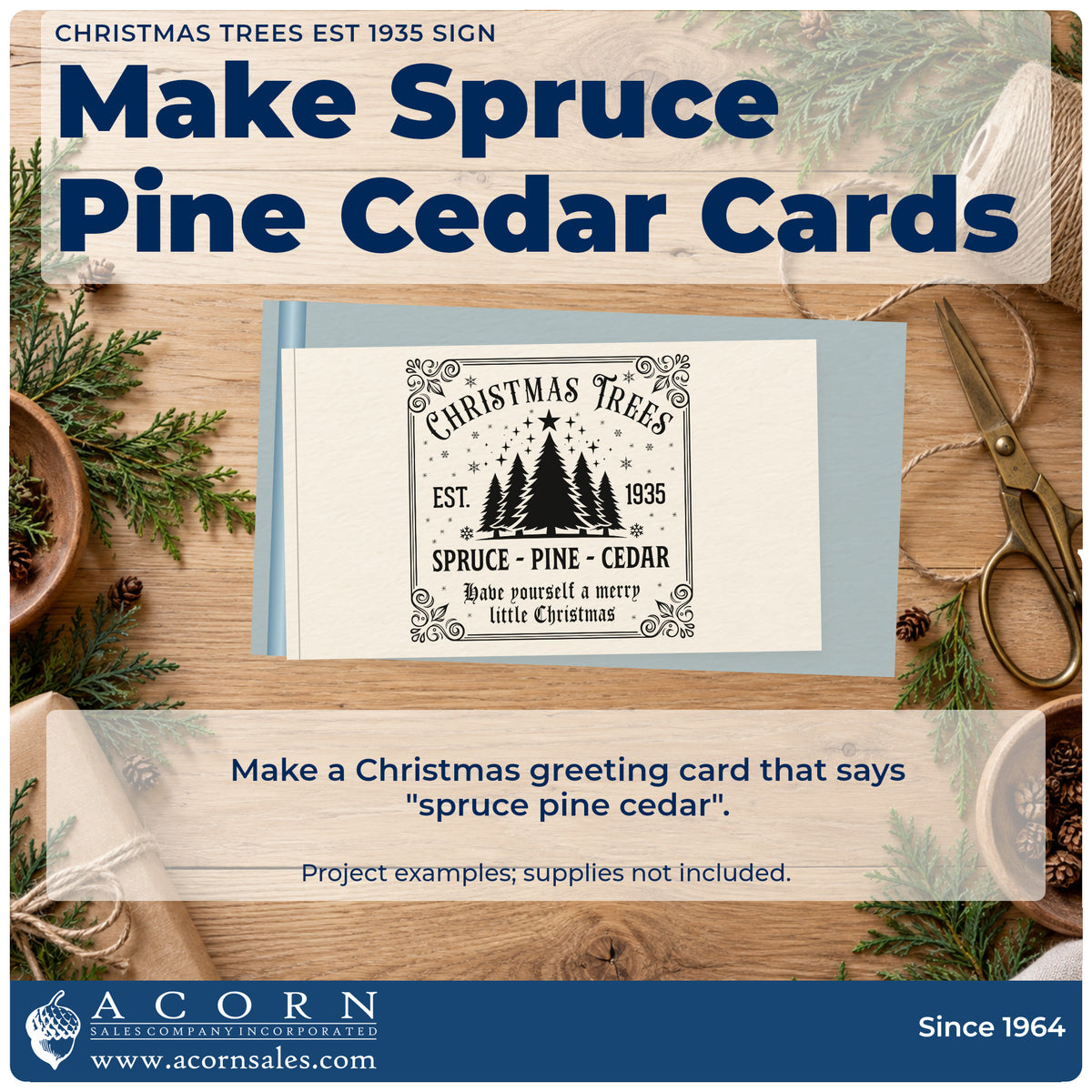A finished handmade project stamped with the Christmas Trees Est 1935 Sign Pine Motif Premium Wooden Stamp – Vintage Pro, ideal for lot history album.