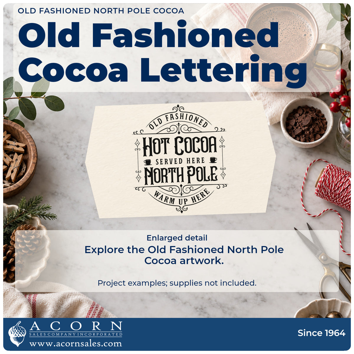 Enlarged detail of the Old Fashioned North Pole Cocoa Stamp – Premium Vintage Pro Wooden imprint. An ornate emblem reads "Old fashioned hot cocoa served here North Pole warm up here" with tiny mugs and flourishes.