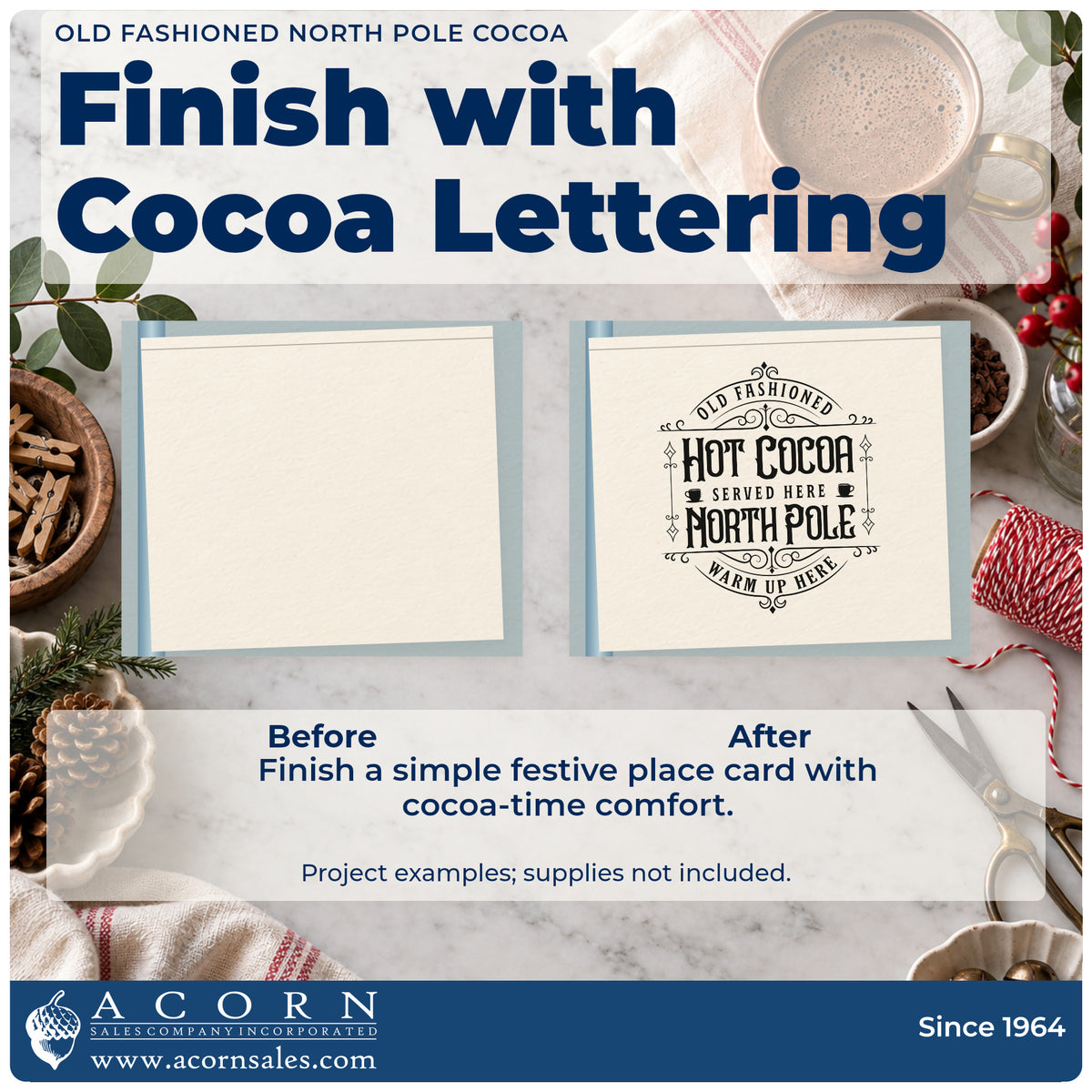 Before and after of a plain item finished with the Old Fashioned North Pole Cocoa Stamp – Self-Inking, a quick upgrade for framed hut entry.
