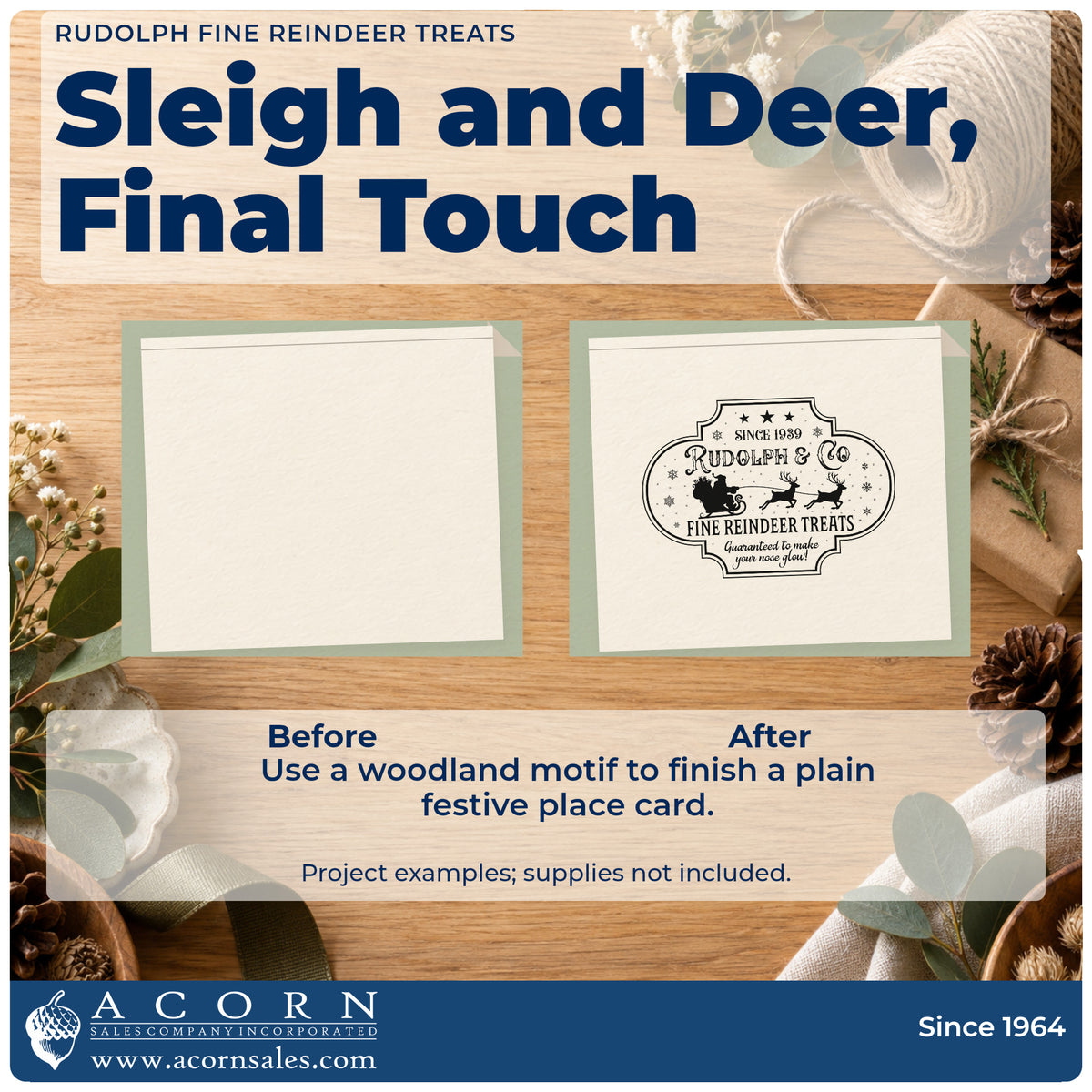Before and after of a plain item finished with the Rudolph & Co. Fine Reindeer Treats Self-Inking Stamp, a quick upgrade for framed stable wall.