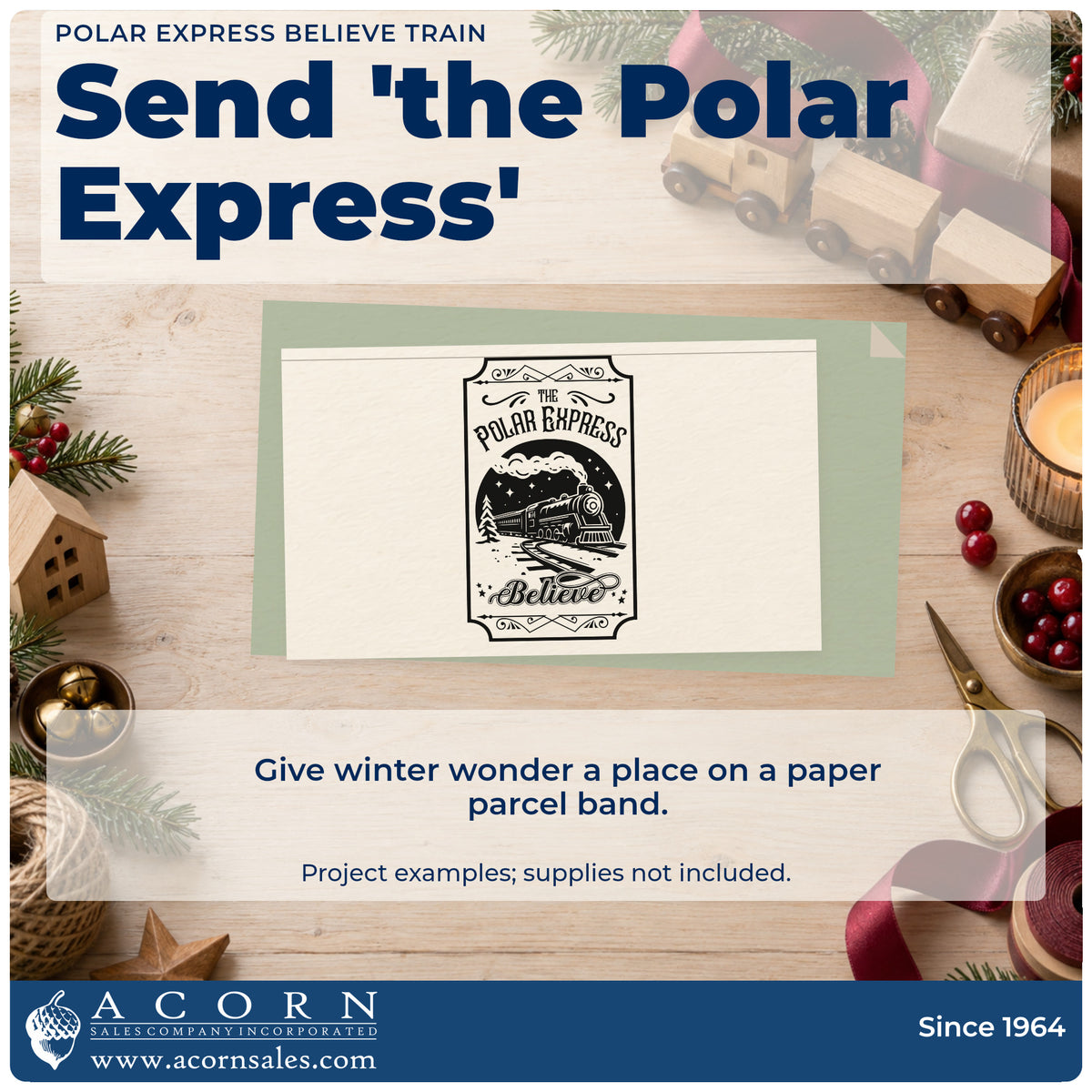 A finished handmade project stamped with the Premium Wooden Polar Express Believe Train Circular Layout Stamp – Vintage Pro, ideal for rail trip album page.