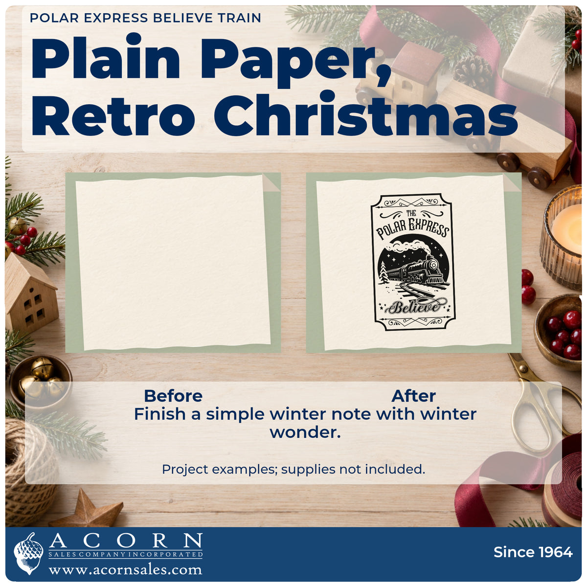 Before and after of a plain item finished with the Premium Wooden Polar Express Believe Train Circular Layout Stamp – Vintage Pro, a quick upgrade for framed platform sign.