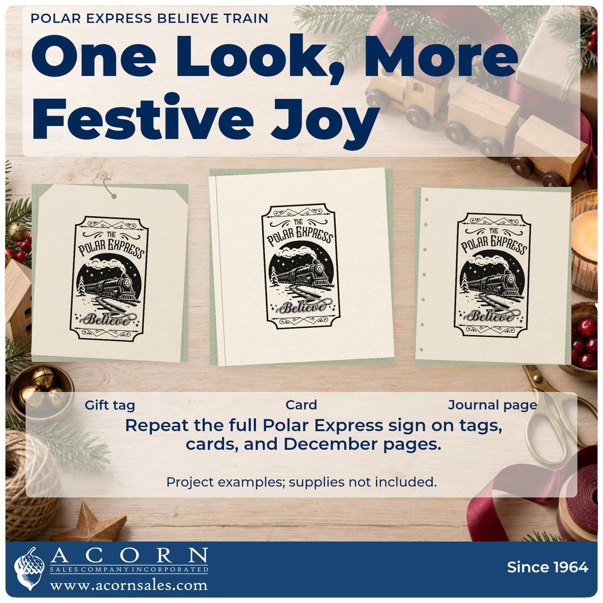Three project examples made with the Premium Wooden Polar Express Believe Train Circular Layout Stamp – Vintage Pro, including route stop sheet.