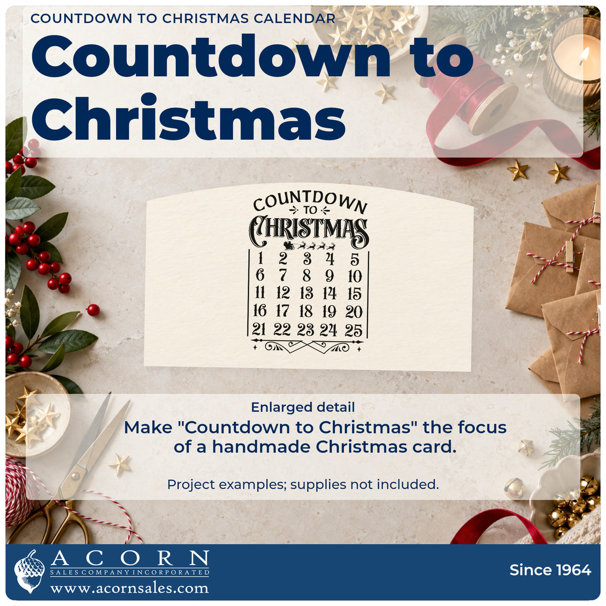 Enlarged detail of the Countdown To Christmas Calendar Pre-Inked Stamp – PSI imprint. The words "Countdown to Christmas" top a numbered 1-to-25 calendar with a small sleigh and decorative flourishes.