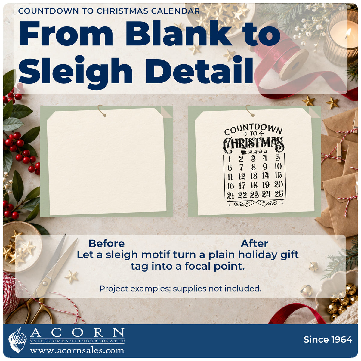 Before and after of a plain item finished with the Countdown To Christmas Calendar Premium Wooden Stamp – Vintage Pro, a quick upgrade for framed kitchen grid.