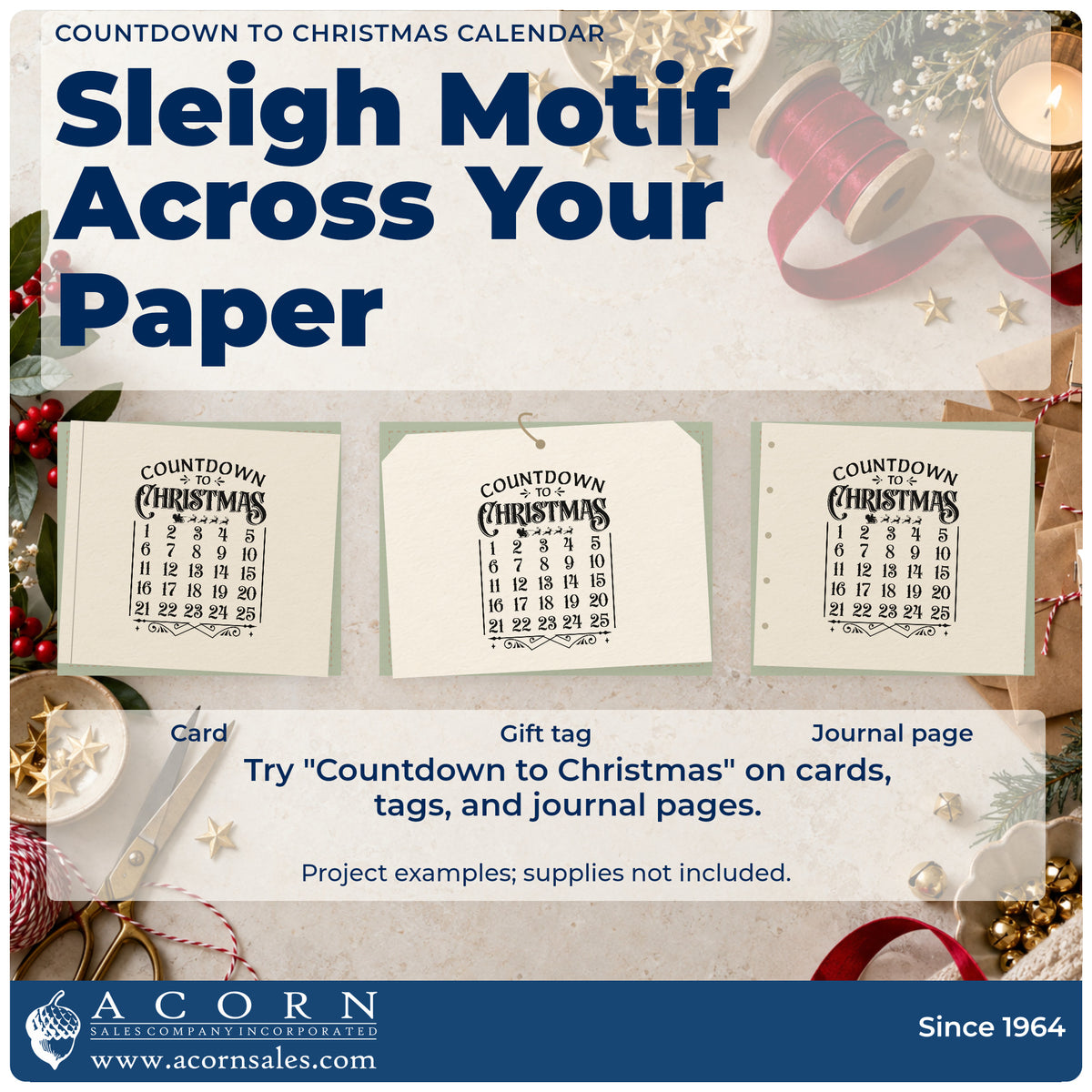 Three project examples made with the Countdown To Christmas Calendar Self-Inking Stamp, including month plan sheet.