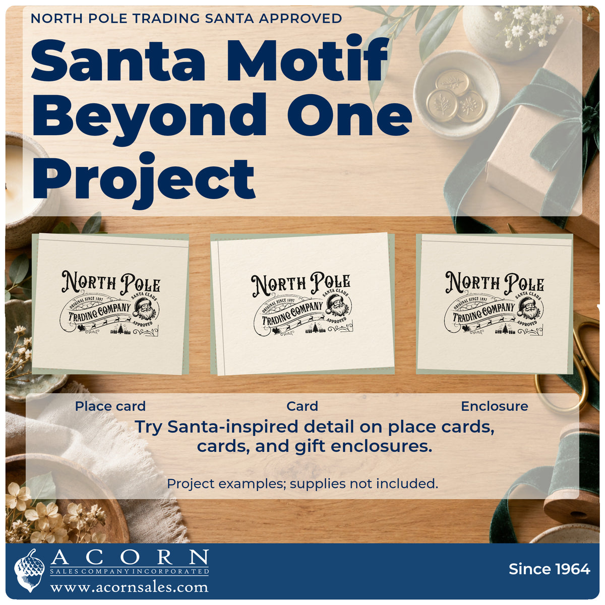 Three project examples made with the North Pole Trading Santa Approved Tree Motif Hand Stamp – Duo, including checklist mark sheet.