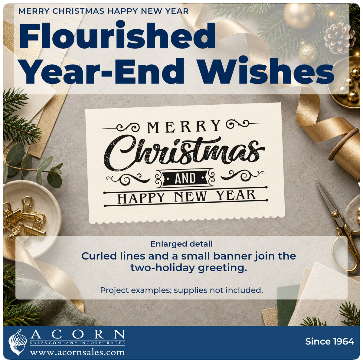 Enlarged detail of the Merry Christmas And Happy New Year Duo Hand Stamp imprint. The greeting "Merry Christmas and happy new year" appears with curling flourishes, horizontal lines, and a small banner.