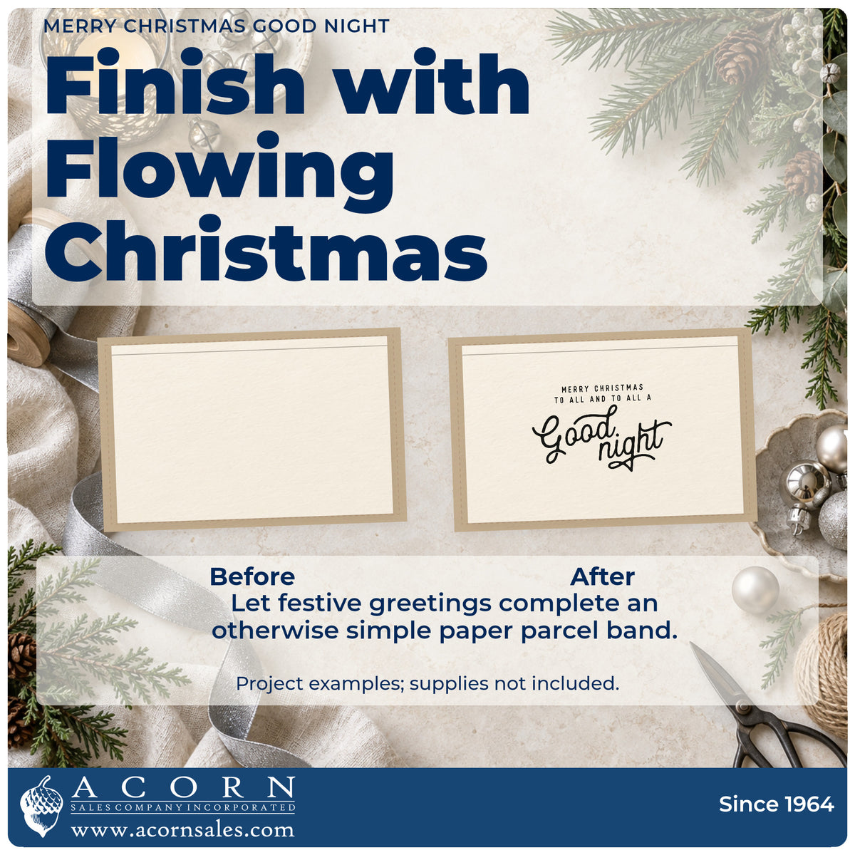 Before and after of a plain item finished with the Merry Christmas Good Night Pre-Inked Stamp – Slim, a quick upgrade for framed bedside wall.