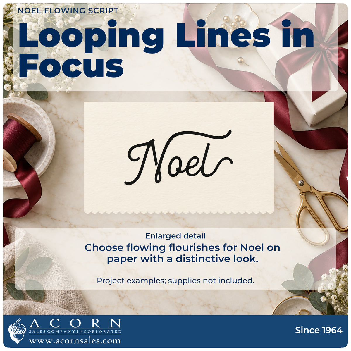 Enlarged detail of the Premium Wooden Noel Flowing Script Stamp – Vintage Pro imprint. The single word "Noel" appears in large flowing script with extended flourishes.