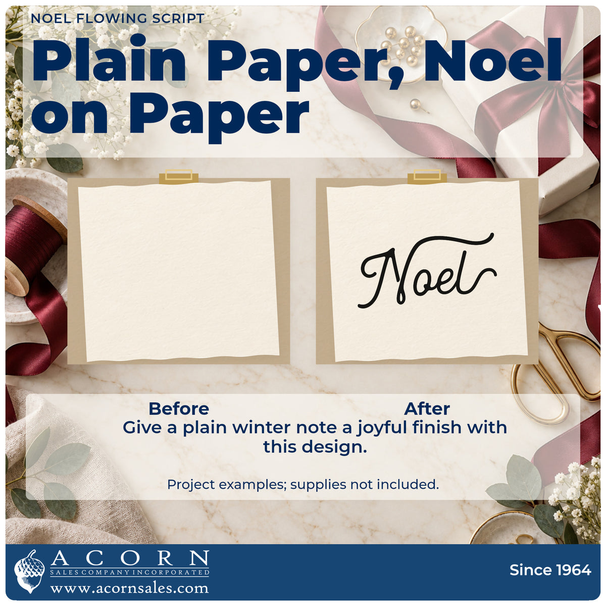 Before and after of a plain item finished with the Premium Wooden Noel Flowing Script Stamp – Vintage Pro, a quick upgrade for framed long console.