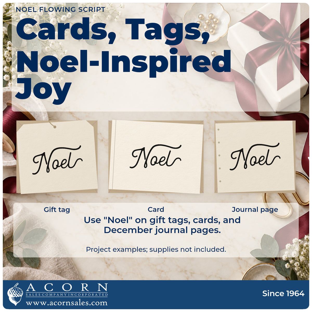 Three project examples made with the Premium Wooden Noel Flowing Script Stamp – Vintage Pro, including letterhead rule sheet.