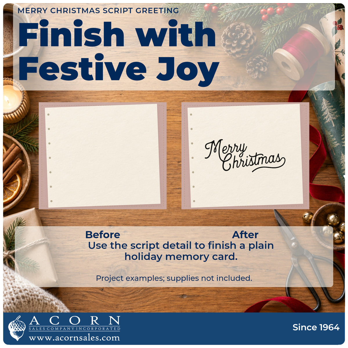 Before and after of a plain item finished with the Merry Christmas Underline Flourish Premium Wooden Stamp – Vintage Pro, a quick upgrade for framed studio print.