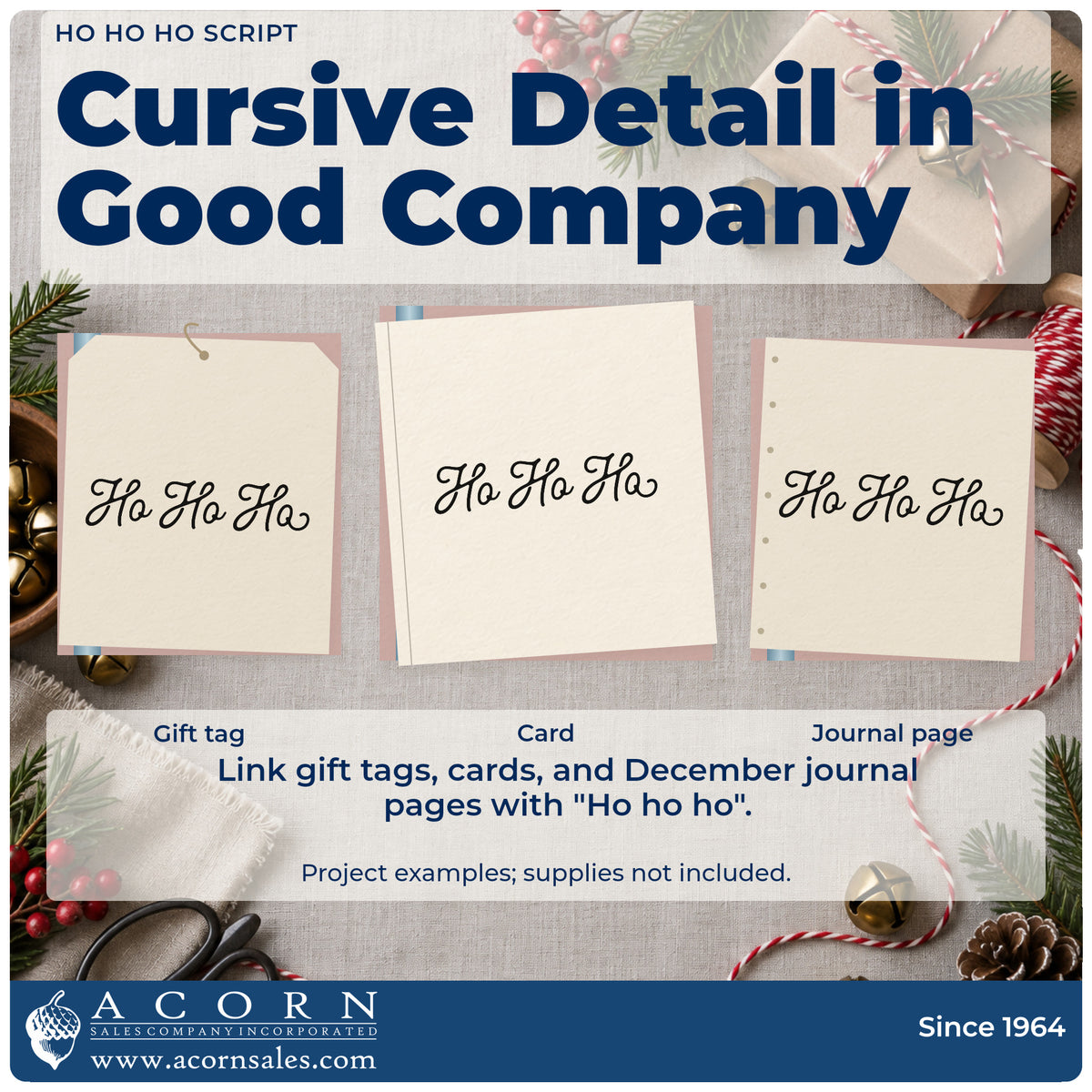 Three project examples made with the Ho Ho Ho Premium Wooden Stamp – Vintage Pro, including header rule sheet.
