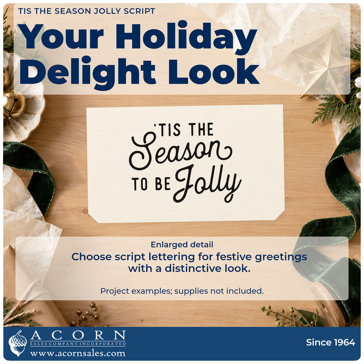 Enlarged detail of the Vintage Pro Tis The Season Jolly Script Premium Wooden Stamp imprint. The phrase "'Tis the season to be jolly" combines plain capitals with large flowing script.
