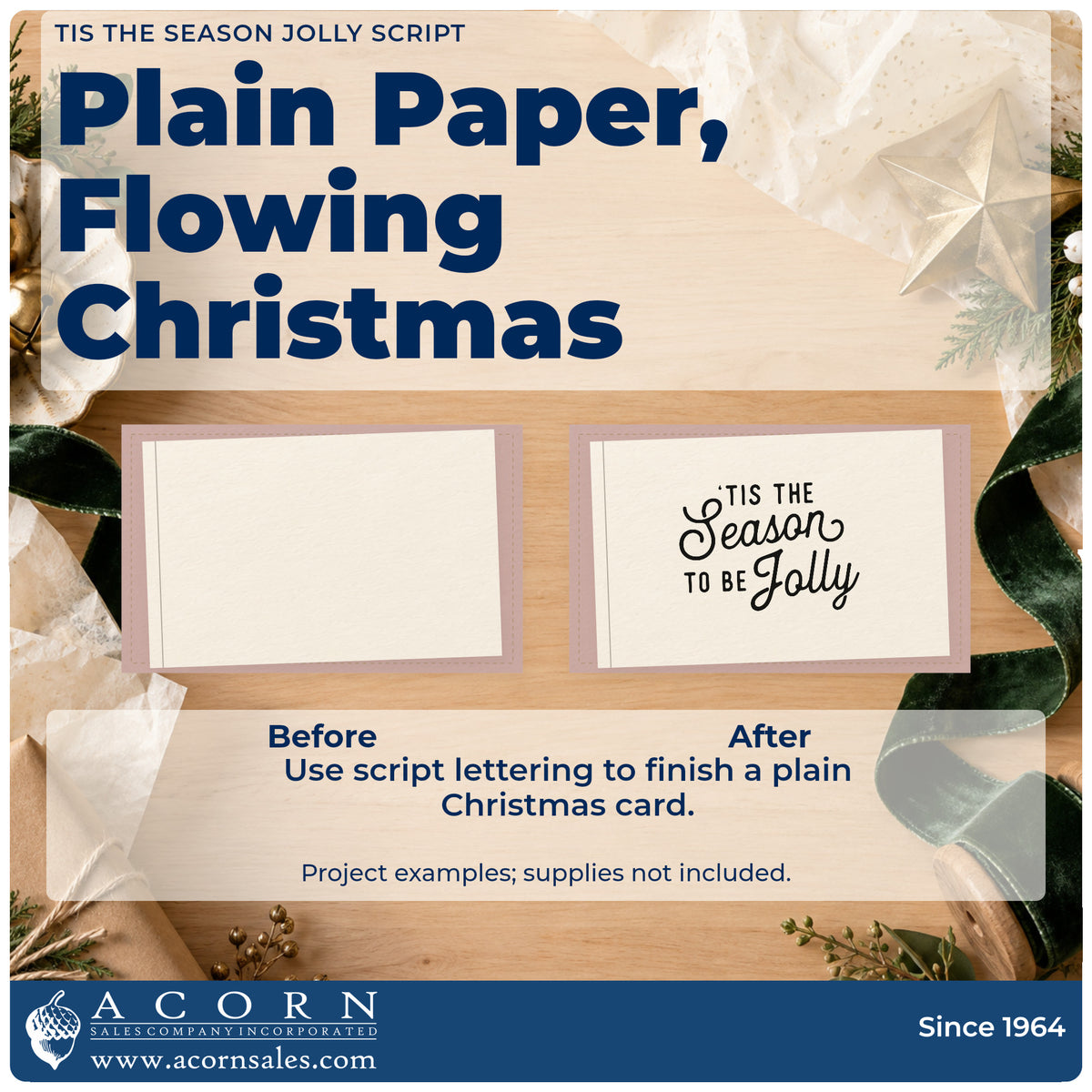 Before and after of a plain item finished with the Vintage Pro Tis The Season Jolly Script Premium Wooden Stamp, a quick upgrade for tea towel printing.