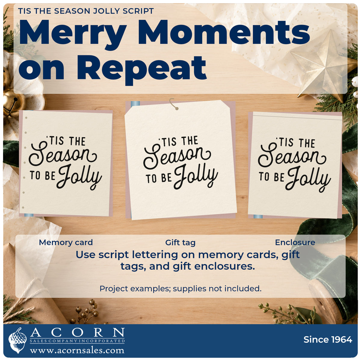 Three project examples made with the Tis The Season Jolly Script Self-Inking Stamp, including everyday gift tags.