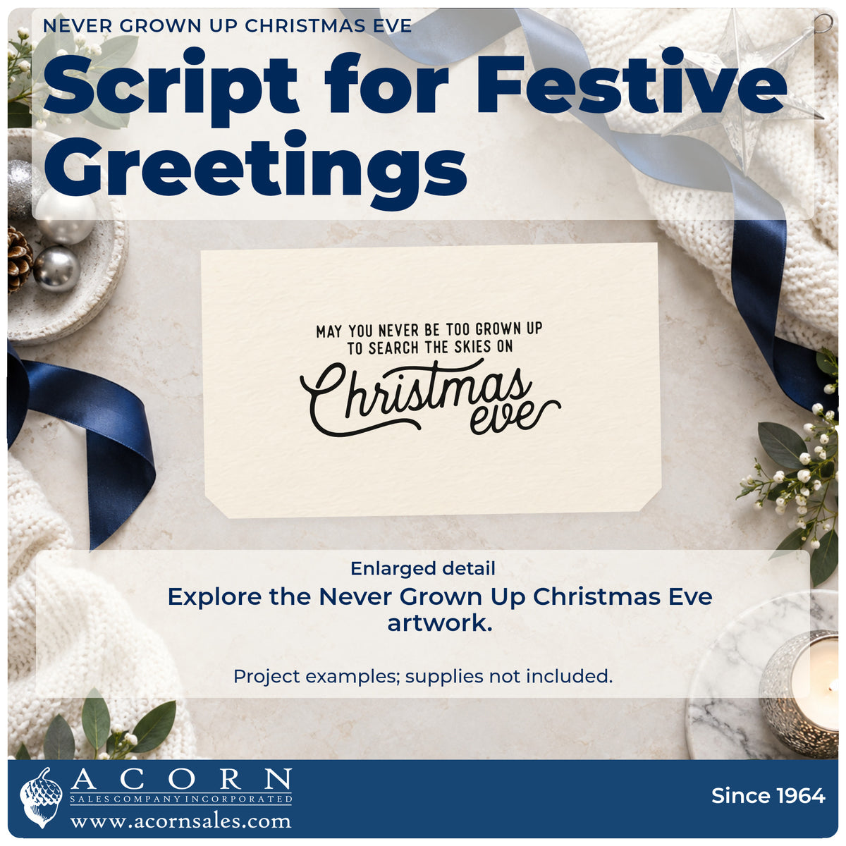 Enlarged detail of the Never Grown Up Christmas Eve Script Lettering Hand Stamp – Duo imprint. The phrase "May you never be too grown up to search the skies on Christmas eve" combines small capitals with large script.