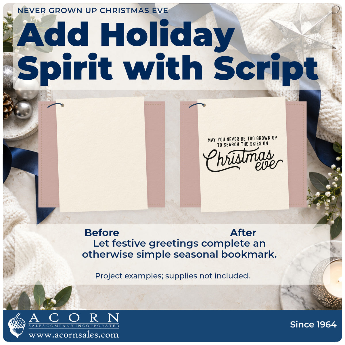 Before and after of a plain item finished with the Never Grown Up Christmas Eve Script Lettering Craft Stamp – Self-Inking, a quick upgrade for framed ceiling view.