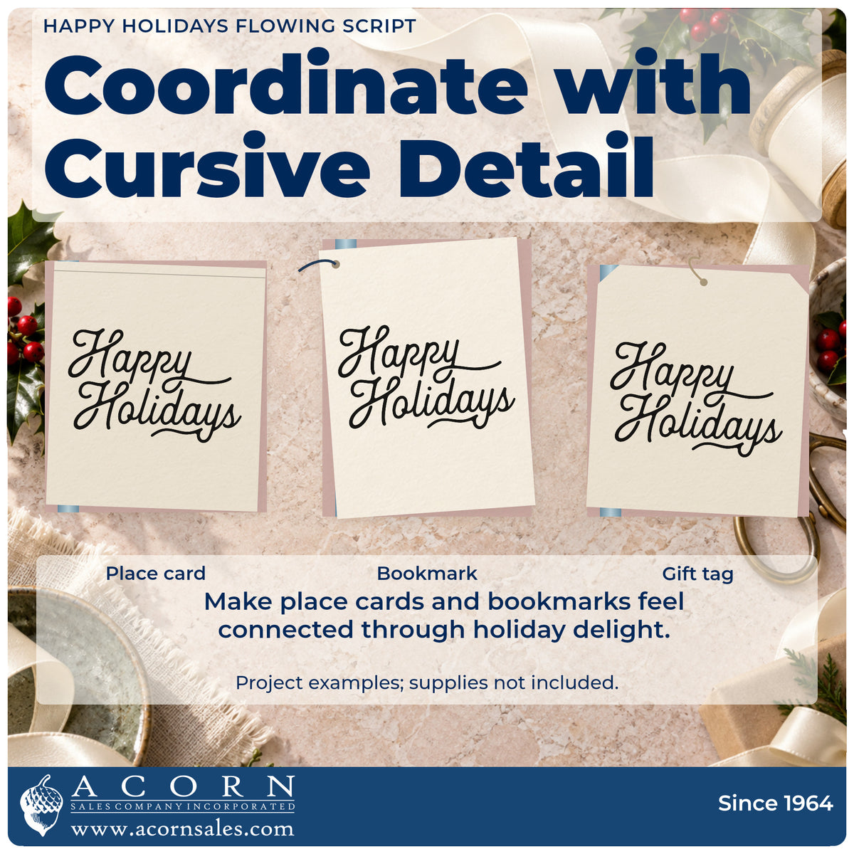 Three project examples made with the Happy Holidays Flowing Script Self-Inking Stamp, including sign off note sheet.