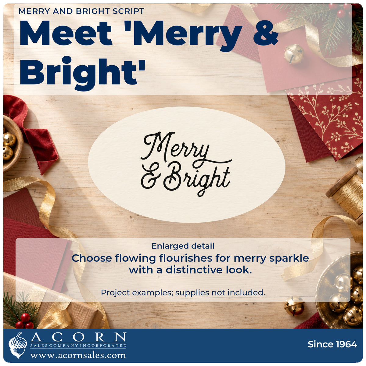 Enlarged detail of the PSI Pre-Inked Merry And Bright Script Lettering Stamp imprint. The words "Merry & bright" appear in large cursive with decorative letter flourishes.
