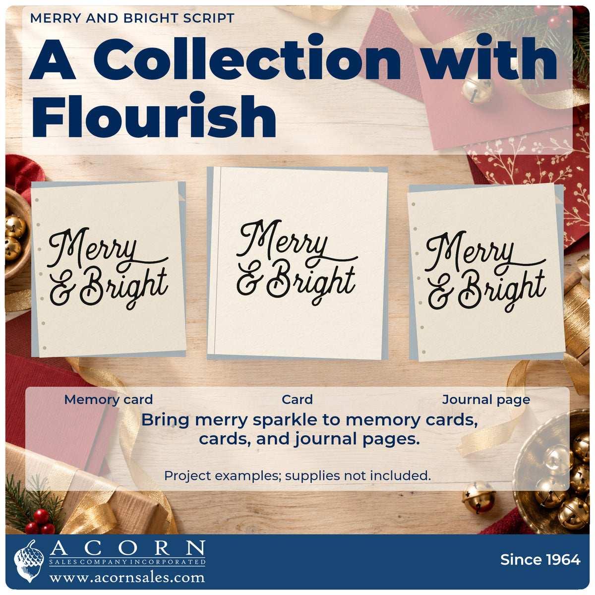 Three project examples made with the Merry And Bright Script Lettering Rubber Stamp – Wood Handle, including practice drill sheet.