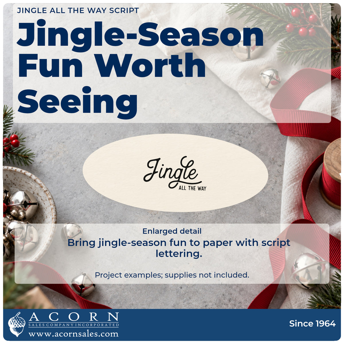 Enlarged detail of the Jingle All The Way Script Stamp – Premium Vintage Pro Wooden imprint. The script word "Jingle" appears above small capital words "all the way."