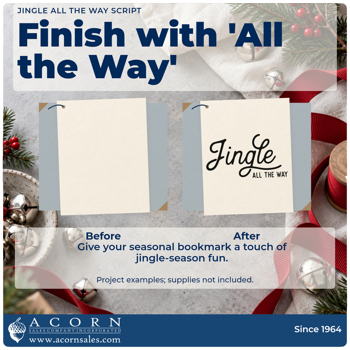 Before and after of a plain item finished with the Jingle All The Way Script Stamp – Premium Vintage Pro Wooden, a quick upgrade for framed stacked mat.