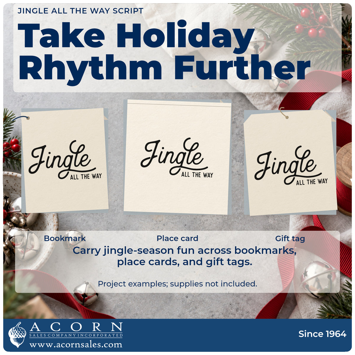 Three project examples made with the Jingle All The Way Script Stamp – Premium Vintage Pro Wooden, including title sub sheet.