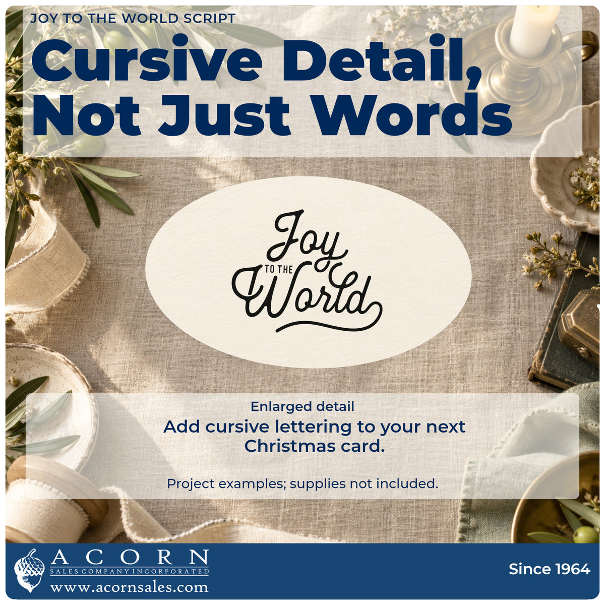 Enlarged detail of the Joy To The World Script Lettering Hand Stamp – Duo imprint. The words "Joy to the world" combine oversized cursive with small connecting text.