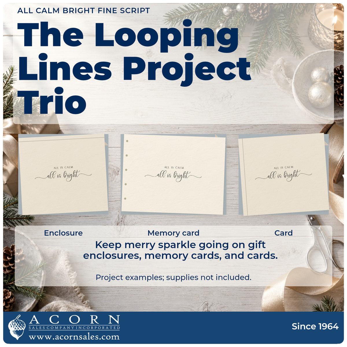 Three project examples made with the Self-Inking All Calm Bright Fine Script Stamp, including slim note sheet.